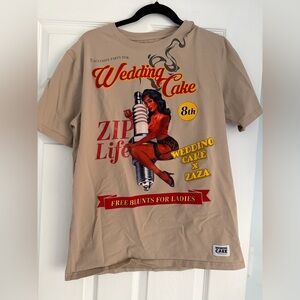 Wedding Cake Zip Life Graphic Tee - Beige with Red & Yellow Print
